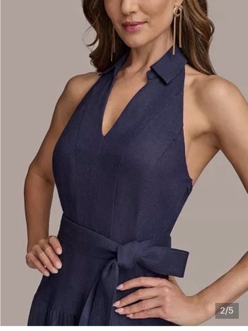 Donna Karan Navy Backless Halter Dress with Waist Tie